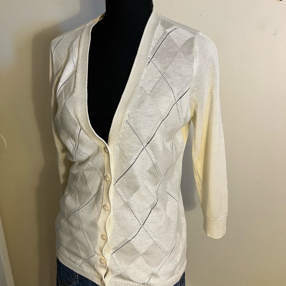 New York & Co Cream Argyle Pointelle Cardigan Sweater